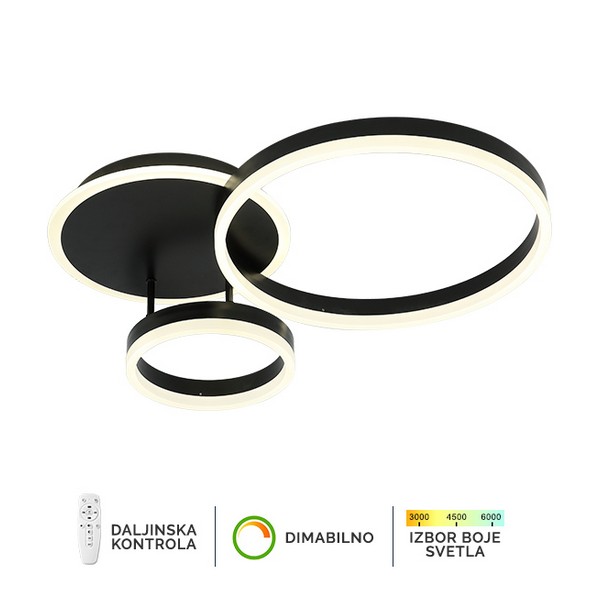 LED plafonska lampa F2047-66C BK sa tri prstena, crna boja, sa izborom boje svetla