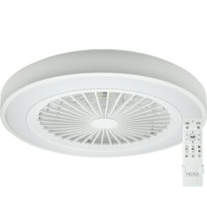 Beli okrugli plafonski ventilator sa integrisanim LED svetlom 49201 i priloženim daljinskim upravljačem