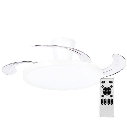 Beli moderni plafonski ventilator 4929 sa prozirnim elisama, velikim okruglim LED svetlom i daljinskim upravljačem