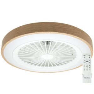 Okrugli plafonski ventilator 49211 sa LED svetlom i spoljašnjim prstenom u dezenu drveta, sa daljinskim upravljačem